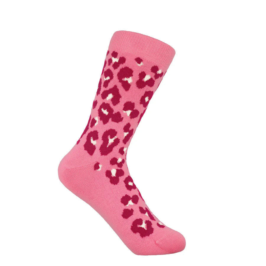Pink sock with red leopard print pattern on a white background