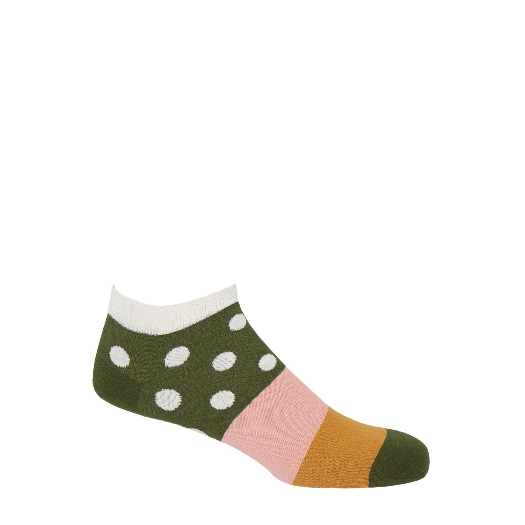 Peper Harow Cream Mayfair training socks with a khaki coloured ankle with cream polka dots, a pink, mustard and khaki band down the foot